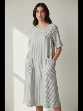 ROOLEE Gray White Striped Cotton Short Sleeve Shift Pocket Dress Size S Modest